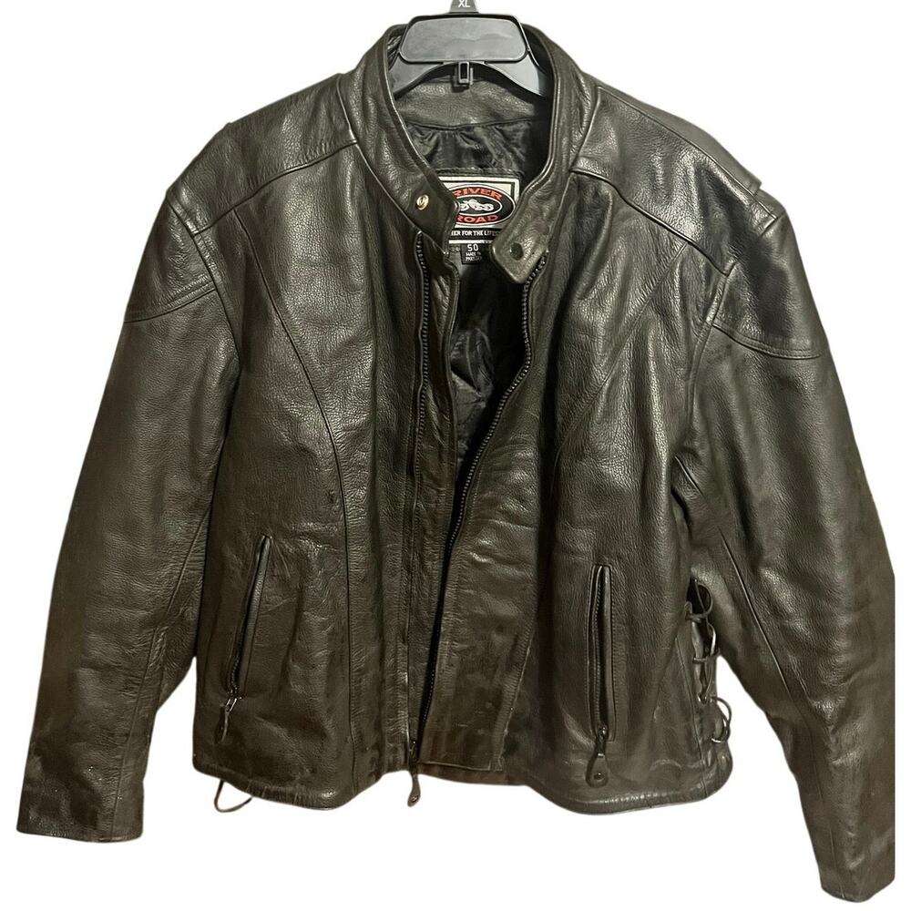 River Road Black Leather Moto Jacket Size 50 XL Lace-Up Side